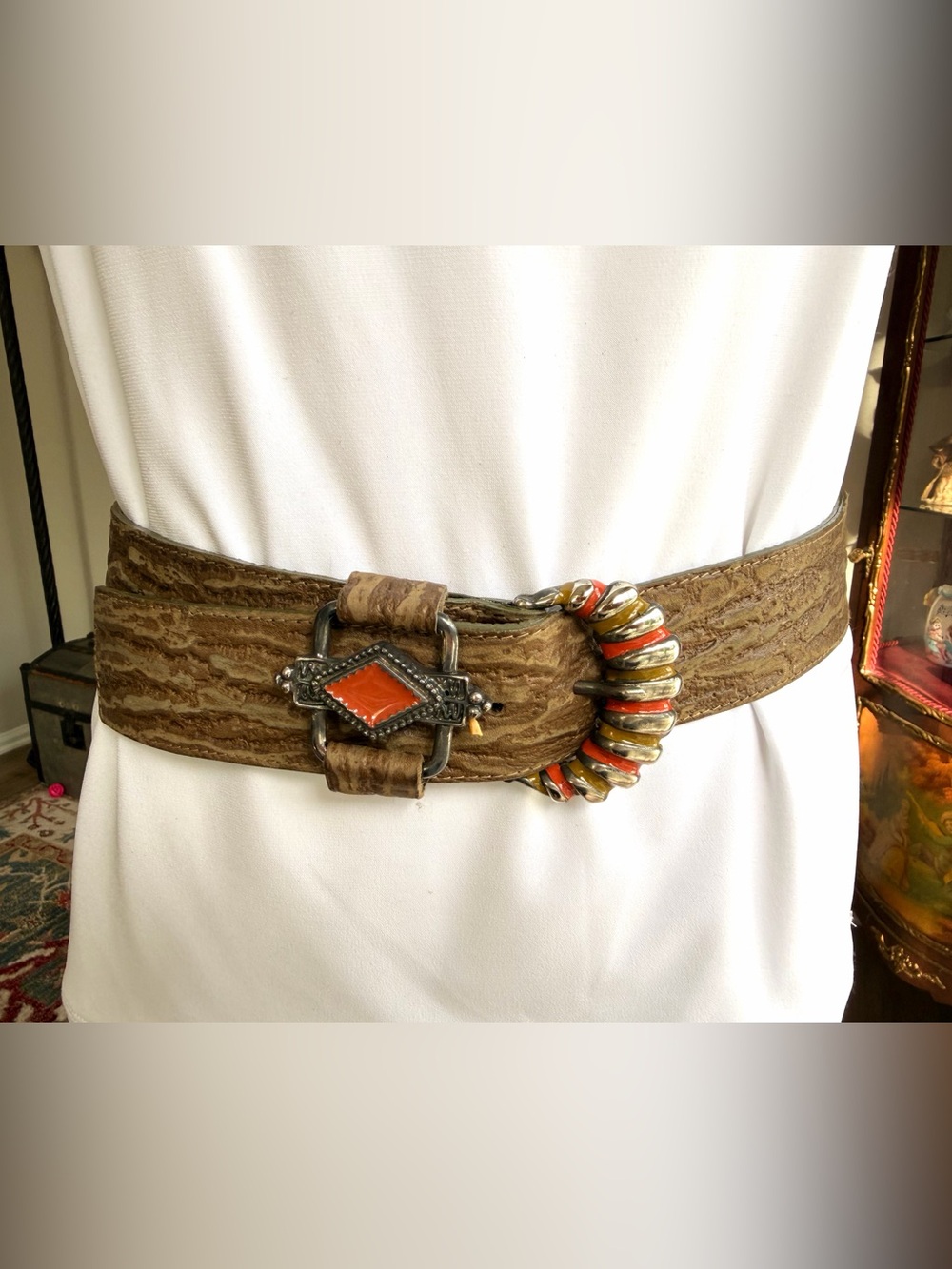 Vintage Genuine Leather Western Belt Brown Woodgrain Coral Enamel Statement